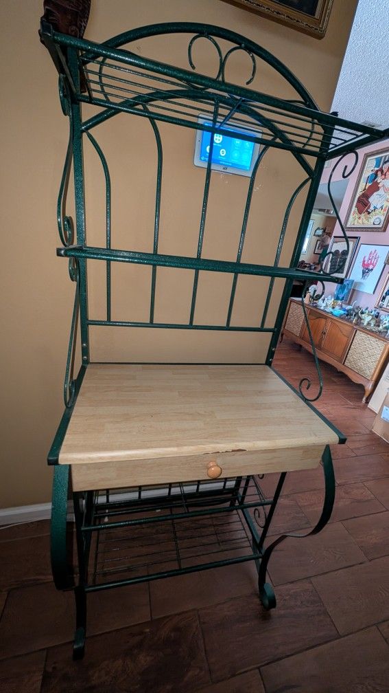 Bakers Rack With Wooden Shelf And Drawer