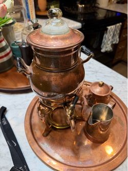 Antique Copper And Brass Revere Samovar 4 Pc Set With Tray Creamer And Sugar