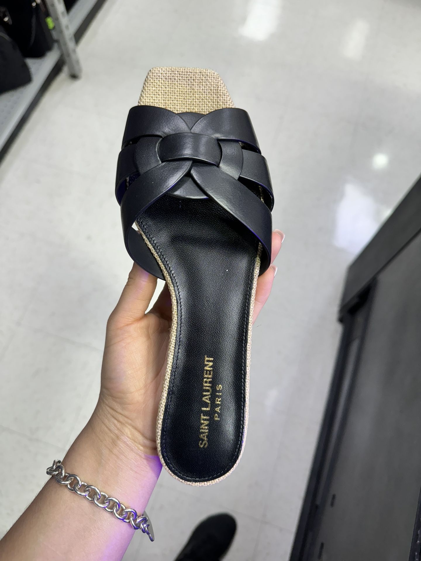 Saint Laurent YSL Tribute Nu Pieds Black Leather Beige Rope Slide Sandal Flat  39