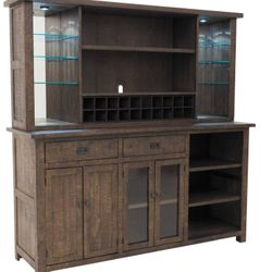 Rustic Home Bar Set with Hutch & Stools  (Sunny Designs, Tobacco Leaf) – $1,500