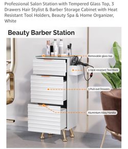 Professional Salon Station with Tempered Glass Top, 3 Drawers Hair Stylist & Barber Storage Cabinet with Heat Resistant Tool Holders, Beauty Spa & Hom