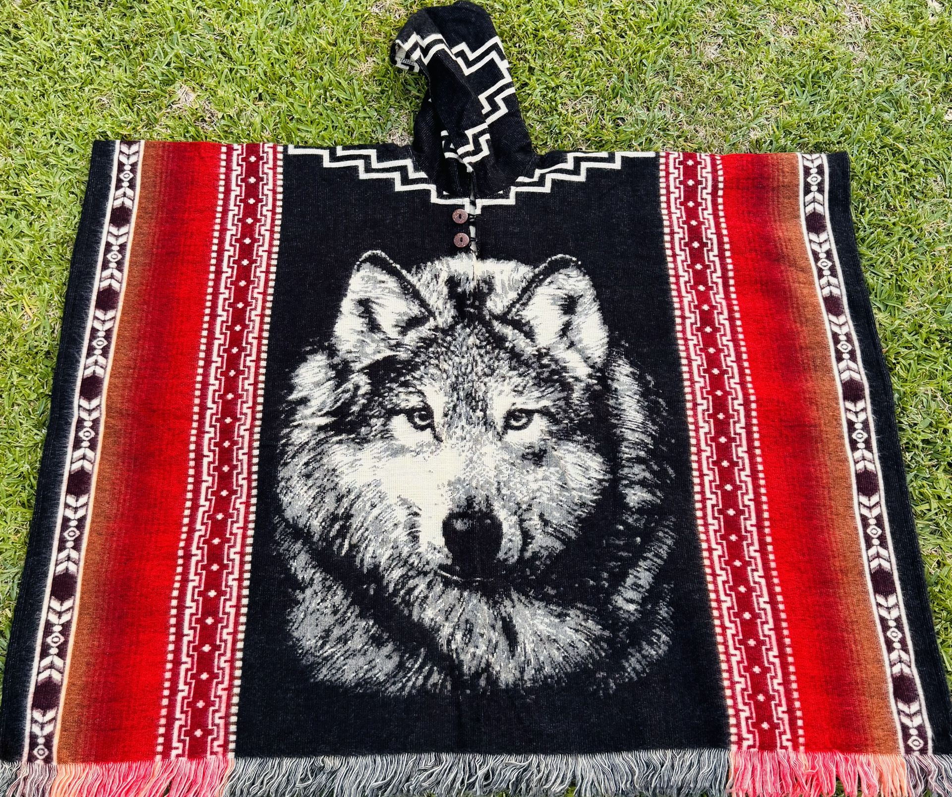 Adult Size Wolf Alpaca Poncho, One Size
