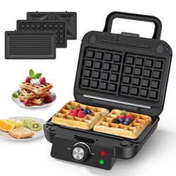 3-in-1 Sandwich Waffle Maker Panini Press Grill 1000W Non-Stick Removable Plates