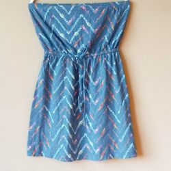  Strapless Dress Womens Size M / Medium Blue Striped Drawstring Waist Sundress  