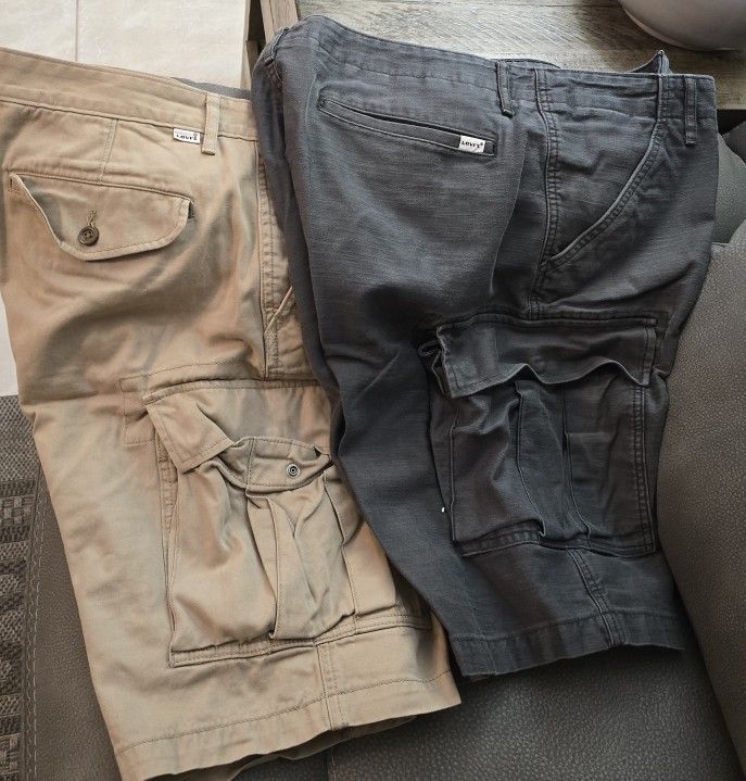 Two pairs of Levis Cargo Shorts Men's 34 Black Cotton Casual Flat Front