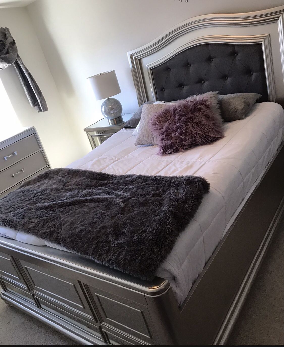 Queen Bed frame W/ Mirror, Dresser And Night Stand