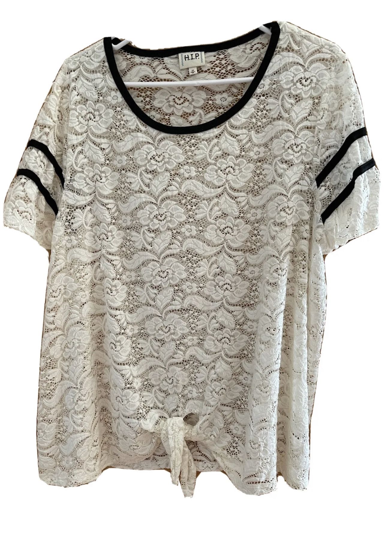 H.I. P. 3X Sexy Ivory Lace S/S see Through Tied Bottom Tunic