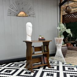 Vintage Solid Wood Side Table with Built-In Bookshelves. 