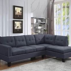 Brand New Gray Linen Sectional with Nail Head Design