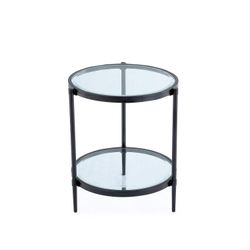 22 inch Round Glass Top End Table with Storage Shelf, Black