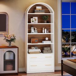 76.8" Arched Bookcase, 5-Tier Modern Bookshelf Display Shelf with File Cabinet Drawer