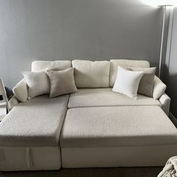 Bouclé Storage Sleeper Sectional Sofa – Converts to Bed – Off-White
