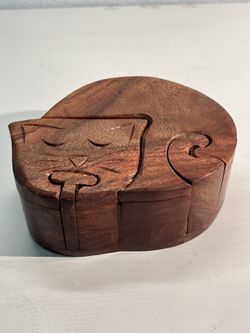 Vintage Wooden Cat Puzzle Trinket Jewelry Box with Hidden Compartments by Joly