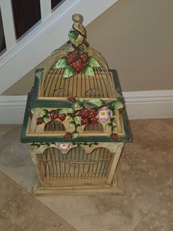Vintage Hand-Painted Decorative Birdcage with Strawberry Motif 24" X 12" X 10"