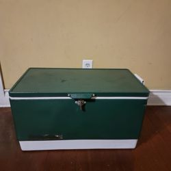 1970s Vintage Coleman Metal Steel-Belted 54 Quart Cooler Ice Chase With White Base