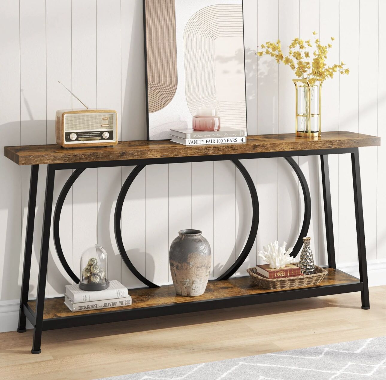 U0156 2-Tier Console Table, 70.9" Sofa Entryway Table with Storage Shelves