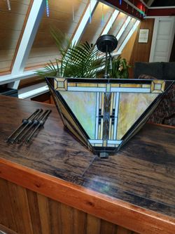 Mission / Arts & Crafts Stained Glass Inverted Pendant Chandelier Light Fixture