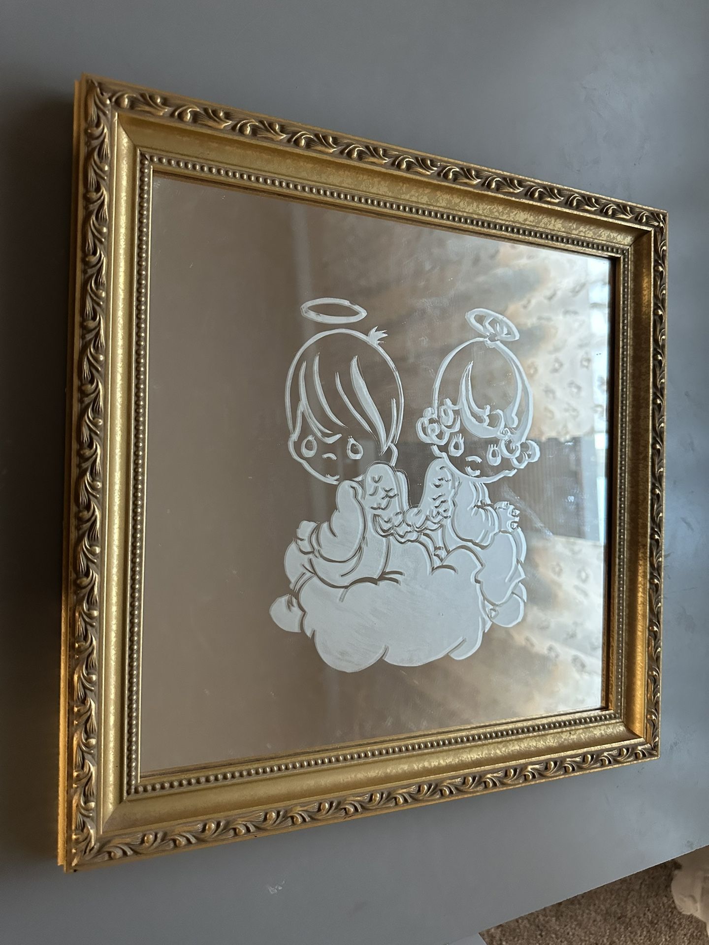 Vintage Etched Mirror Art – Precious Moments Angels in Ornate Gold Frame (14”x14”)