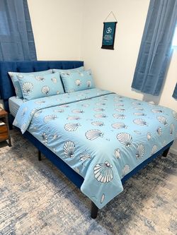 Blue Velvet Bed Frame with Comfbox 12” Queen Mattress & Bamboo Mattress Topper