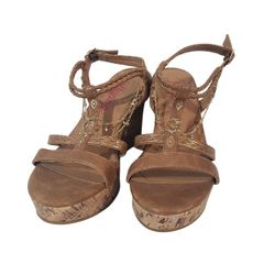 JELLY POP Womens Brown Sandals Wedge Heels Size 9M Strappy Cork Charms Open Toe