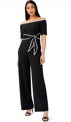 ADRIANNA PAPELL Women's Knit Crepe Tie Jumpsuit | Formal Jumpsuit with Off the Shoulder Neckline & Tie Waist Belt