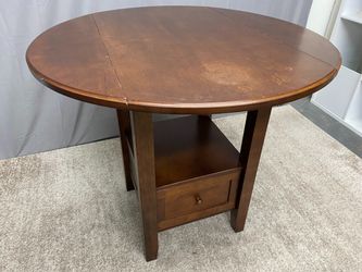 Tobacco Brown Round Drop Leaf Counter Table w/ Drawer