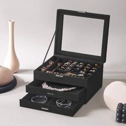 Jewelry Box, Lockable Jewelry Storage Organizer, Jewelry Case with Glass Window Black