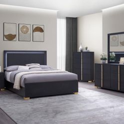 LED Black And Gold Queen Bedroom Set 