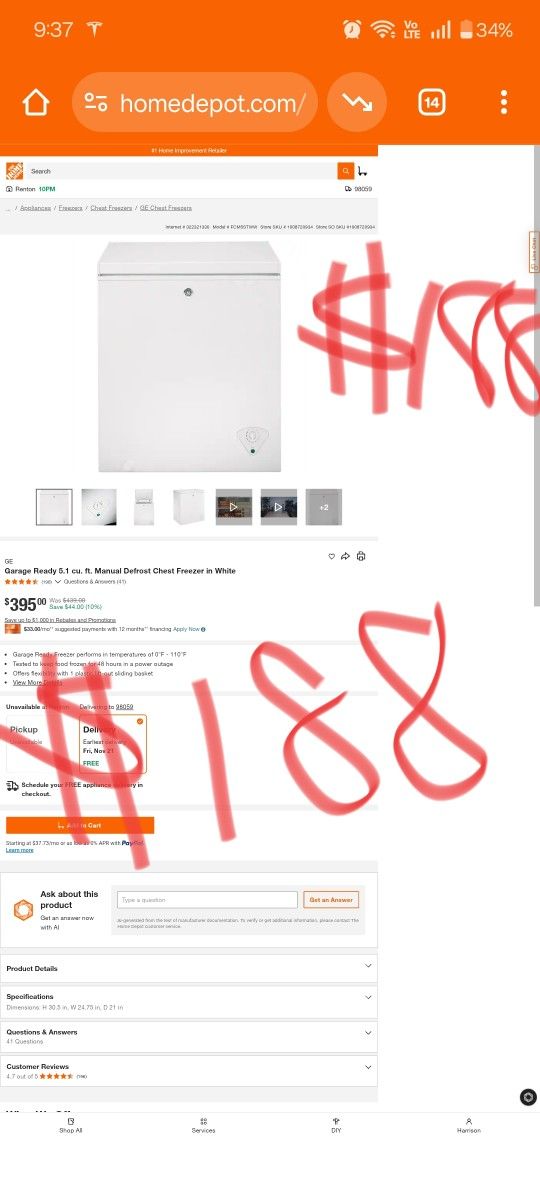 Freezer Garage Ready Ge 5.1 Cu