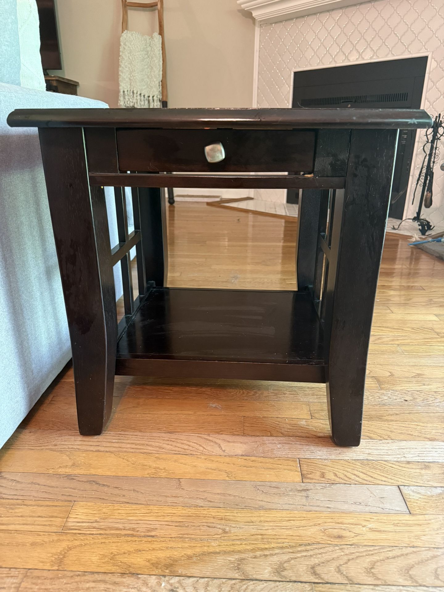 Dark Brown Wood End Table with Drawer & Shelf