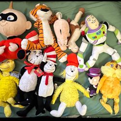 12 plush characters dolls, Disney, Dr. Seuss, cat in the hat, the incredibles