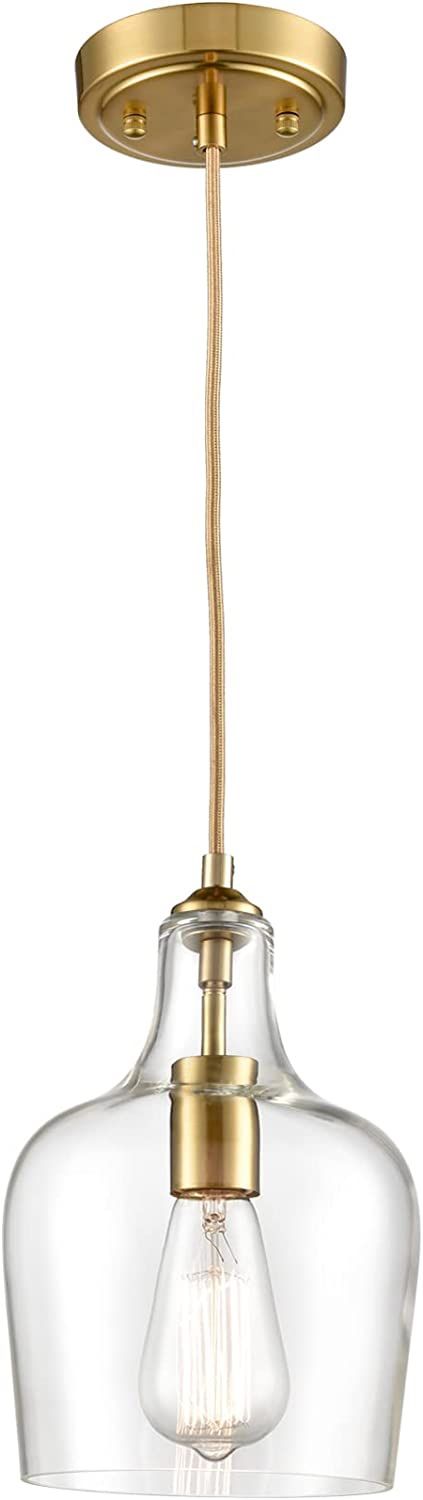 Modern Brushed Gold Pendant Light Clear Glass Adjustable Cord Hanging Light for Living Room Kitchen Island Chandelier with Bell Shape