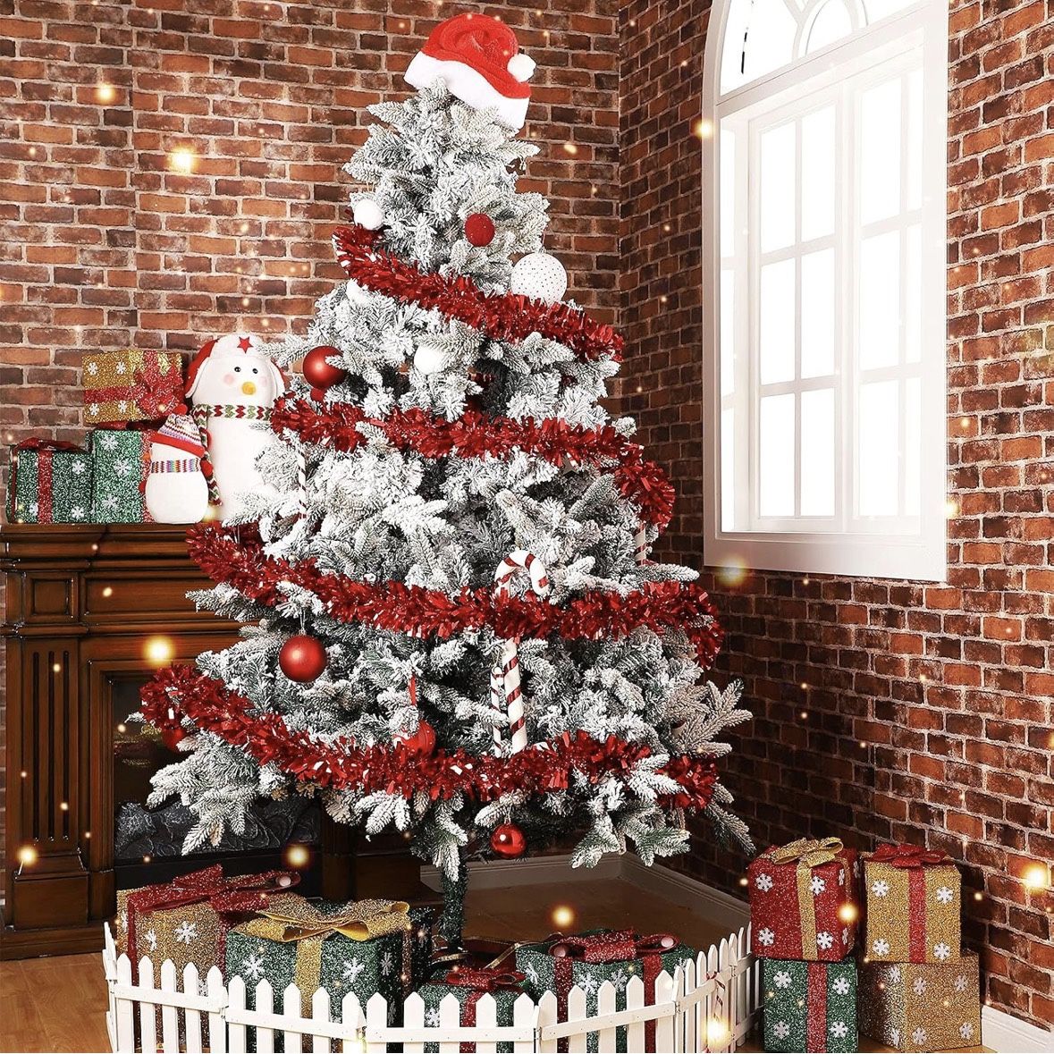 Sosation 100 ft Christmas Tinsel Garland Christmas Tree Twist Garland Bulk Glitter Metallic Streamer Indoor Outdoor Hanging Xmas Decorations(Red)