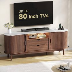 70 Inch Fluted TV Stand for 80 Inch TVs, Bean-Shaped TV Cabinet Entertainment Center with LED Light, Power Outlet, Storage, Mid Century Modern Media C