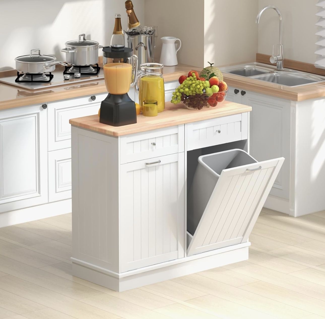 Tilt Out Trash Cabinet,Antique-Style Beadboard Kitchen Island with Solid Wood Tabletop & Drawer, Pet Proof Trash Can, Wood Laundry Cabinet