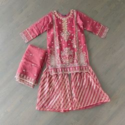 Pakistani 3-Piece Ghagra Outfit, Embroidered Organza, Party Wear, Size Large