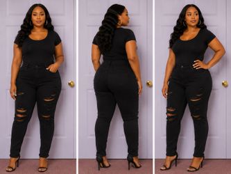Fashion Nova Black Distressed Skinny Jeans 2XL | High Waist Ripped Stretch Denim Plus Size