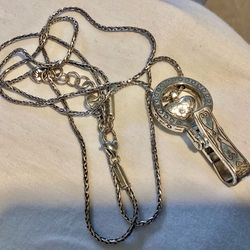 Vtg. Brighton Floating Reversible Rhinestone Heart ID Holder Silver Plate Chai. Badge Clip Necklace Pendant