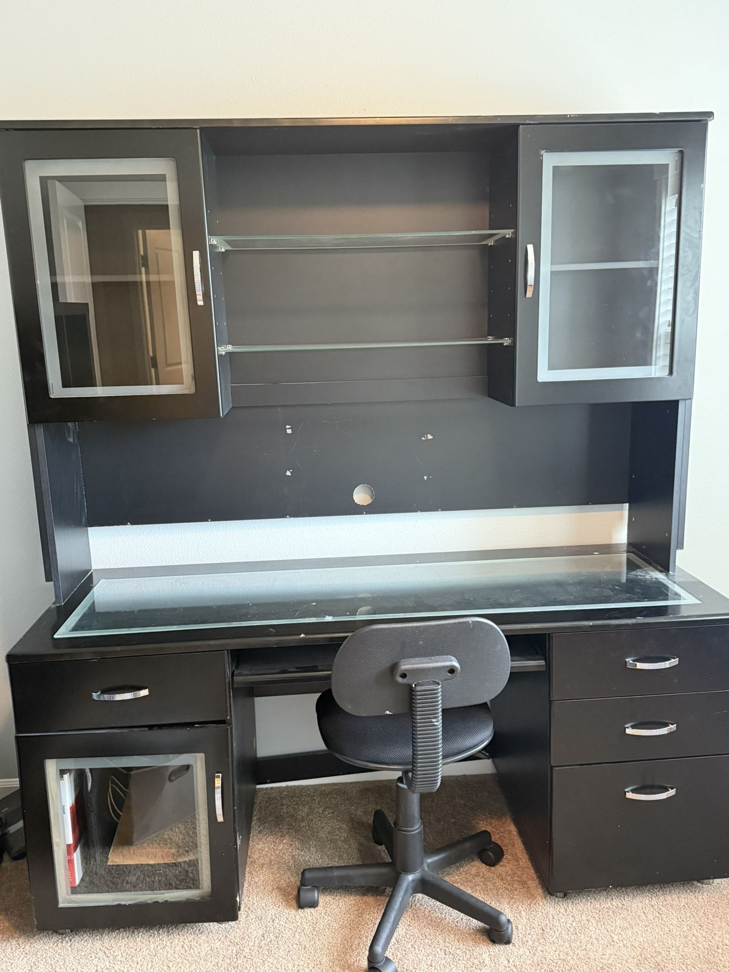 Two Piece Desk With Glass Top And Shelves
