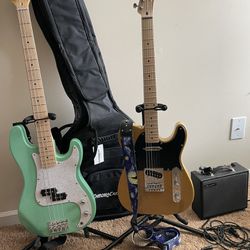 Sawtooth Surf Green 4 String Bass Guitar And  Butterscotch Squier Affinity Series Telecaster With Maple Fingerboard With Stands And An Amp