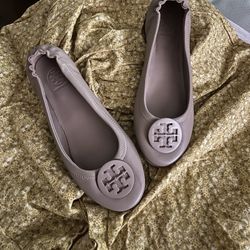 Tory Burch Minnie Travel napa Leather Ballet Flats Shoes beige size 7.5M OBO