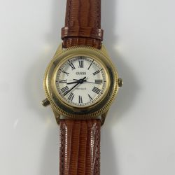 Guess Mens Watch with Gold Bezel and Brown Leather Band