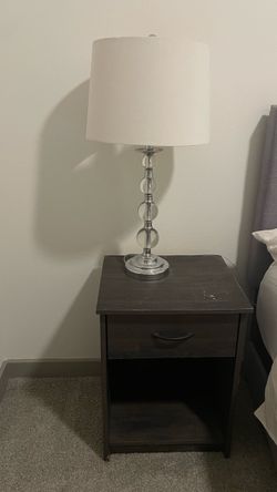 Crystal Ball Table Lamp with White Shade/Brown Wood Nightstand