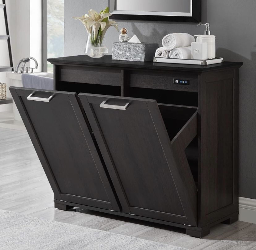 Double Tilt Out Trash Cabinet, Wooden Kitchen Garbage Can Free Standing Holder(Dark Brown and white color)