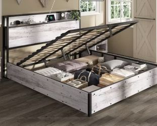 Full Lift Up Storage Bed Frame with Lifting Storage & Charging Station, White Birch