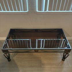 🖤 Glass & Metal Coffee Table – Wrought Iron Frame w/ Bronze Accent!