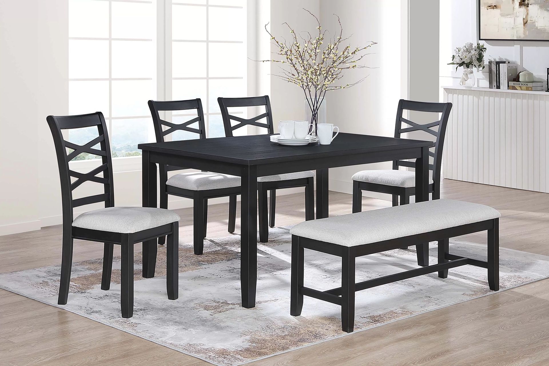 CHARCOAL DINING TABLE WITH CHAIRS AND BENCH
