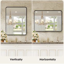 Black Bathroom Mirror, Vanity Mirror Aluminum Alloy Frame Wall Mirror Rectangle Mirror Farmhouse, Anti-Rust, Tempered Glass, Hangs Horizon