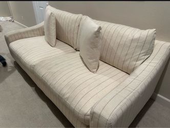 Cream Striped Fabric Sofa with Pillows