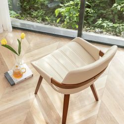 2 set off Mid Century Modern Faux Leather Upholstered Dining Chairs, Armless Accent Chairs with Sturdy Natural Wood Legs, Bamboo Backrest Support fo